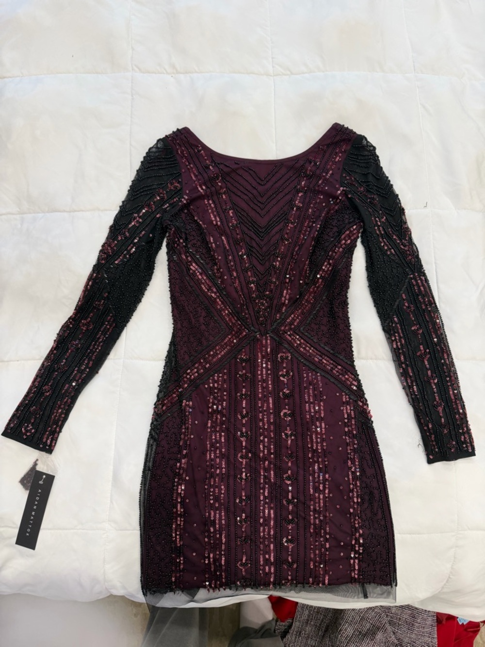 Aidan Mattox Beaded Long-Sleeve Wine and Black Cocktail Dress